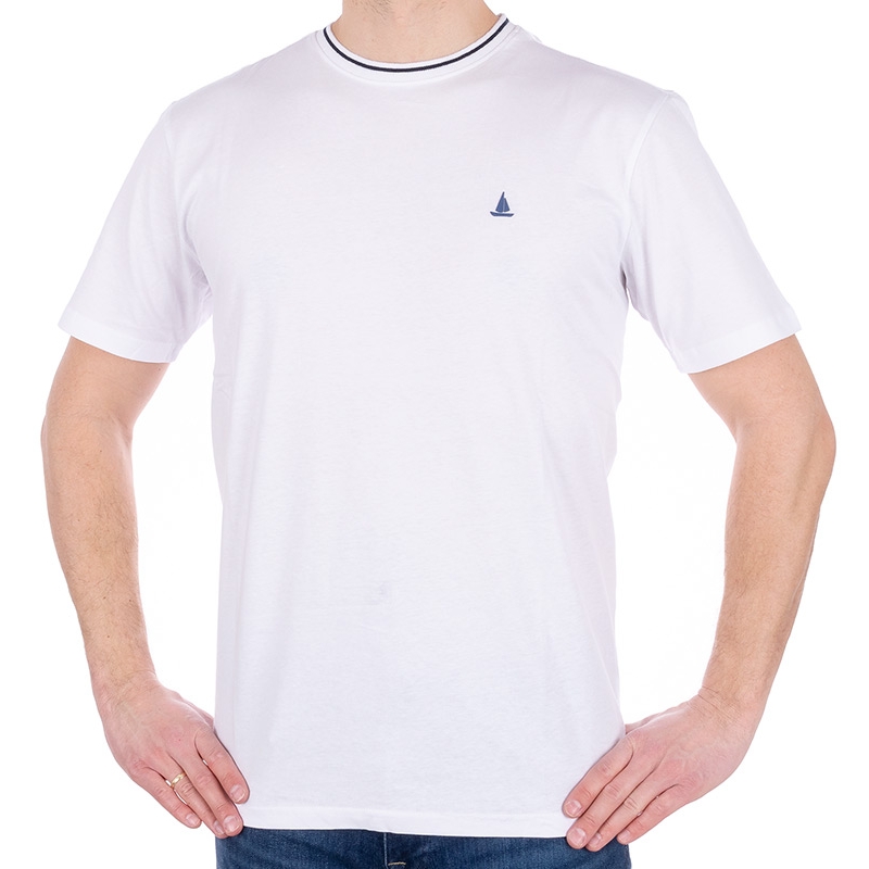 Biały t-shirt z krótkim rękawem Pako Jeans Cobalt z żaglówką na piersi
