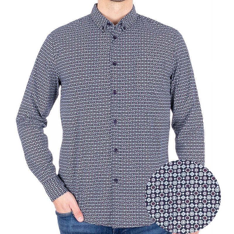 Granatowa koszula Pako Jeans 5 Rus z geometrycznym wzorem - dł. rękaw
