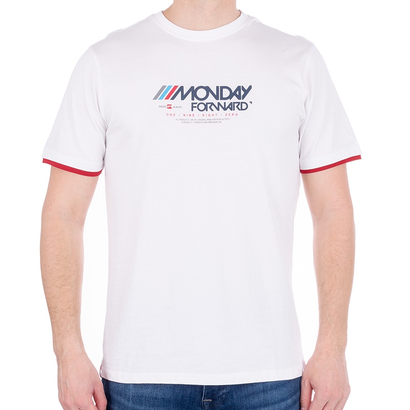 Biały t-shirt z kr. rękawem Pako Jeans Monday BI z czerwoną lamówką